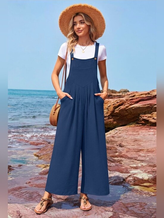 Pants - NWT Wide-Leg Navy Sleeveless Jumpsuit with Pockets Overalls Size Small
